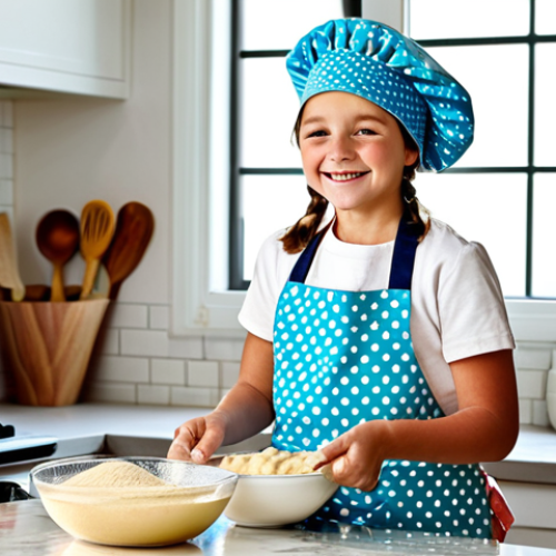 Home 17 **
A cheerful young girl, fully clothed in a colorful polka-dot apron, is baking cookies in a bright, modern kitchen. She's wearing a matching chef's hat and smiling as she stirs a bowl of dough. The kitchen is filled with natural light, and there are baking utensils and ingredients neatly arranged on the countertop. Safe for work, appropriate content, family-friendly, professional photography, perfect anatomy, natural proportions, well-formed hands.
**
