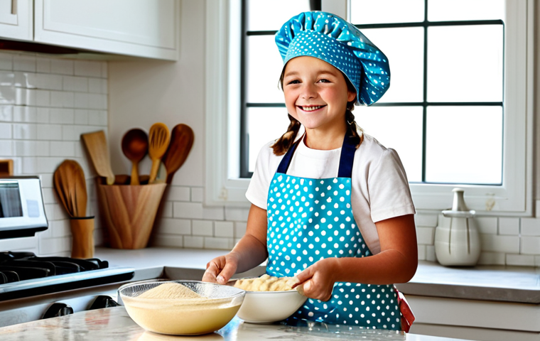 **

A cheerful young girl, fully clothed in a colorful polka-dot apron, is baking cookies in a bright, modern kitchen. She's wearing a matching chef's hat and smiling as she stirs a bowl of dough. The kitchen is filled with natural light, and there are baking utensils and ingredients neatly arranged on the countertop. Safe for work, appropriate content, family-friendly, professional photography, perfect anatomy, natural proportions, well-formed hands.

**