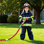 **

A young girl, age 7, fully clothed in a realistic firefighter costume including helmet and jacket, holding a toy fire hose, standing proudly in a grassy park on a sunny day, appropriate attire, safe for work, perfect anatomy, natural proportions, family-friendly scene.

**