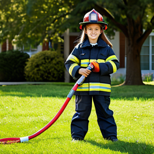 Home 10 **
A young girl, age 7, fully clothed in a realistic firefighter costume including helmet and jacket, holding a toy fire hose, standing proudly in a grassy park on a sunny day, appropriate attire, safe for work, perfect anatomy, natural proportions, family-friendly scene.
**