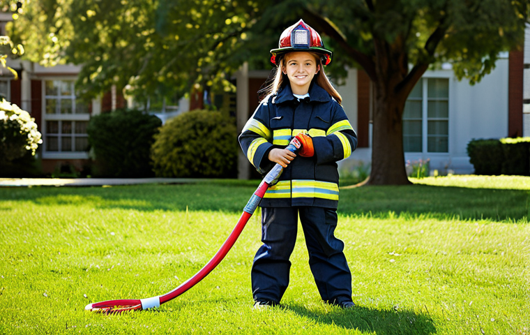 **

A young girl, age 7, fully clothed in a realistic firefighter costume including helmet and jacket, holding a toy fire hose, standing proudly in a grassy park on a sunny day, appropriate attire, safe for work, perfect anatomy, natural proportions, family-friendly scene.

**