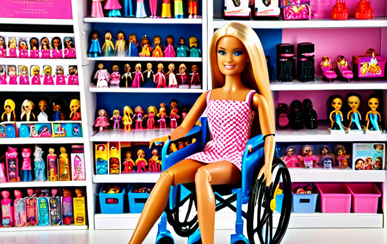 캐릭터 완구 브랜드 순위 - Diverse Barbie Collection**
"A brightly lit toy store shelf overflowing with Barbie dolls of divers...