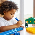 공구놀이 나사 조립 키트 - **Prompt 1: Focused Young Inventor**
A bright, clean, eye-level shot of a child, approximately 6...