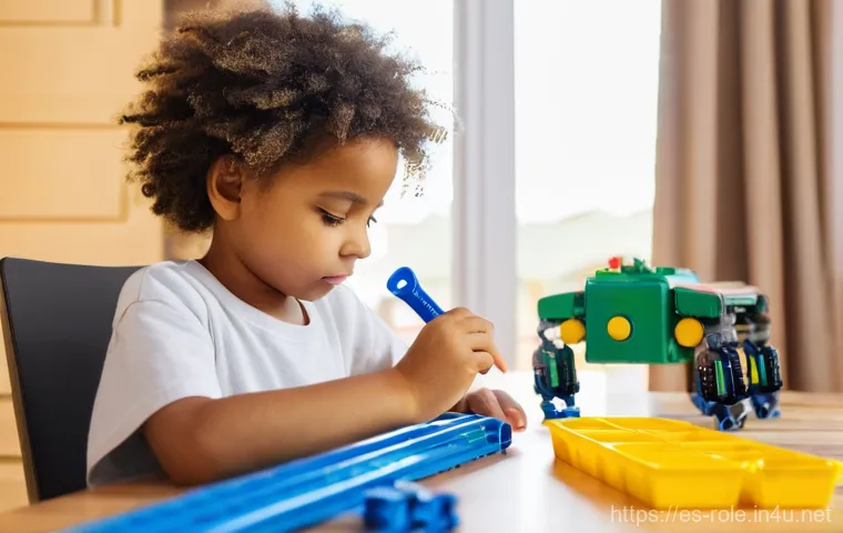 공구놀이 나사 조립 키트 - **Prompt 1: Focused Young Inventor**
A bright, clean, eye-level shot of a child, approximately 6...