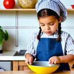주방놀이 요리책 포함 제품 - **Prompt:** A curious and focused 4-year-old girl, with her hair tied back neatly, wearing a small, ...