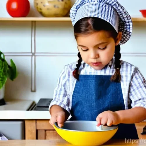 Home 14 주방놀이 요리책 포함 제품 - **Prompt:** A curious and focused 4-year-old girl, with her hair tied back neatly, wearing a small, ...