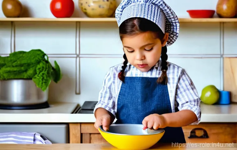 주방놀이 요리책 포함 제품 - **Prompt:** A curious and focused 4-year-old girl, with her hair tied back neatly, wearing a small, ...