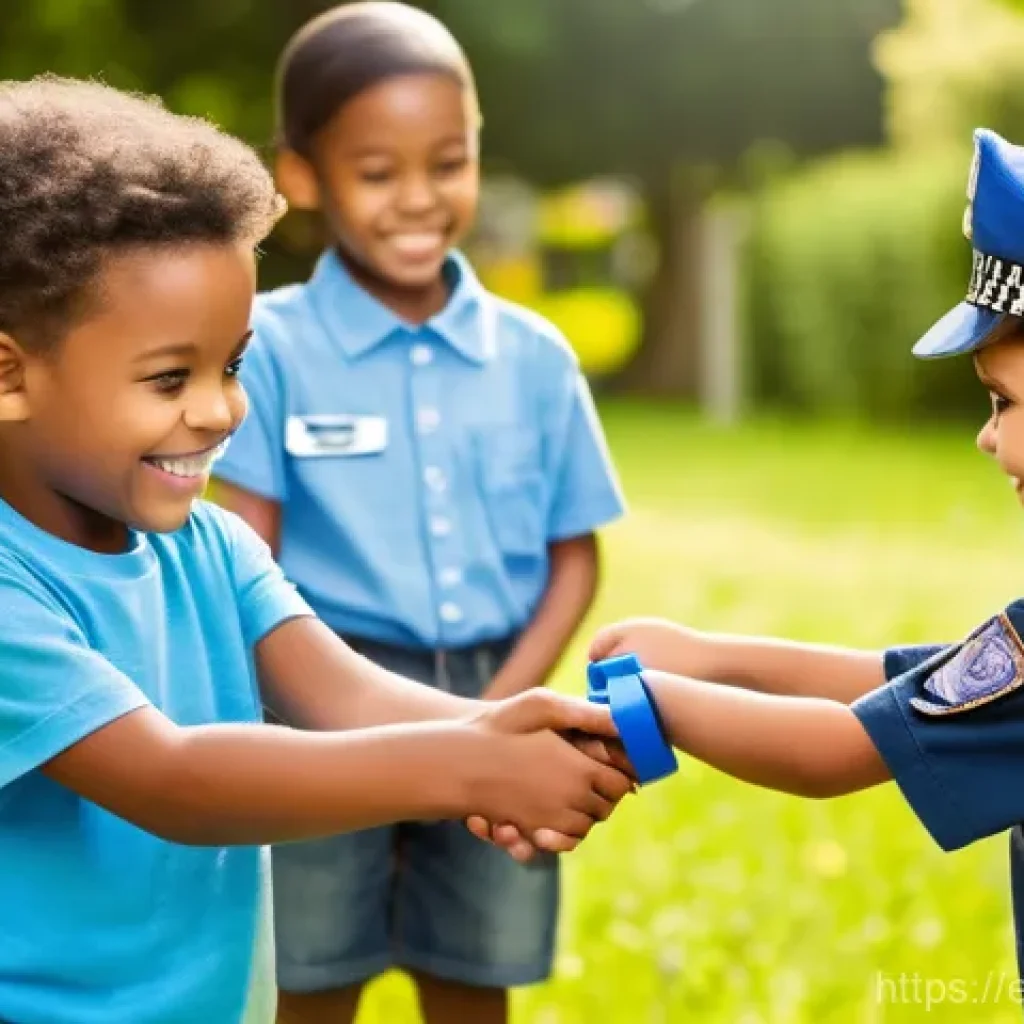 경찰관 수갑 세트 완구 - **Prompt:** A group of diverse children, aged 5-8, are enthusiastically engaged in a pretend police ...