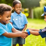 경찰관 수갑 세트 완구 - **Prompt:** A group of diverse children, aged 5-8, are enthusiastically engaged in a pretend police ...