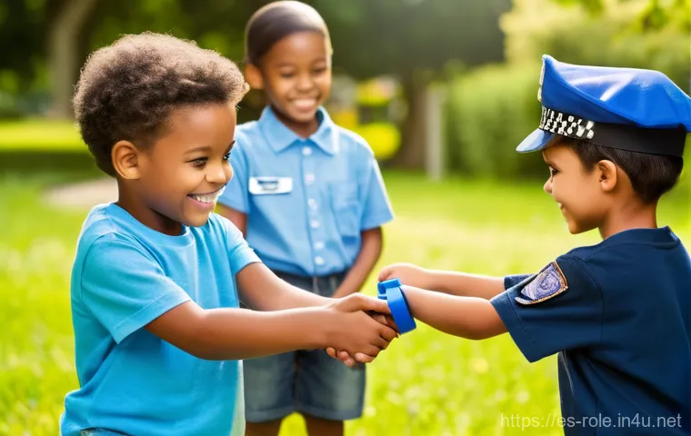 경찰관 수갑 세트 완구 - **Prompt:** A group of diverse children, aged 5-8, are enthusiastically engaged in a pretend police ...