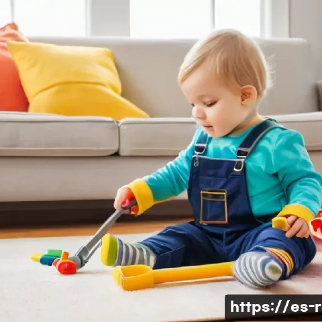 공구놀이 공구 벨트 포함 - A joyful preschool-aged child wearing a colorful adjustable tool belt with soft fabric straps and se...