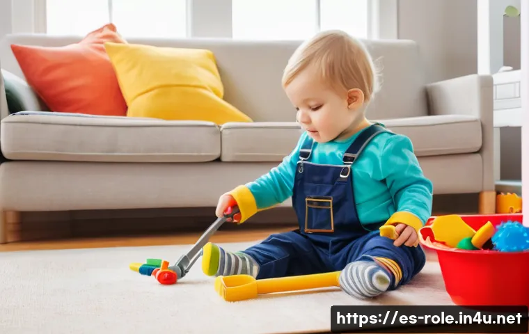 공구놀이 공구 벨트 포함 - A joyful preschool-aged child wearing a colorful adjustable tool belt with soft fabric straps and se...