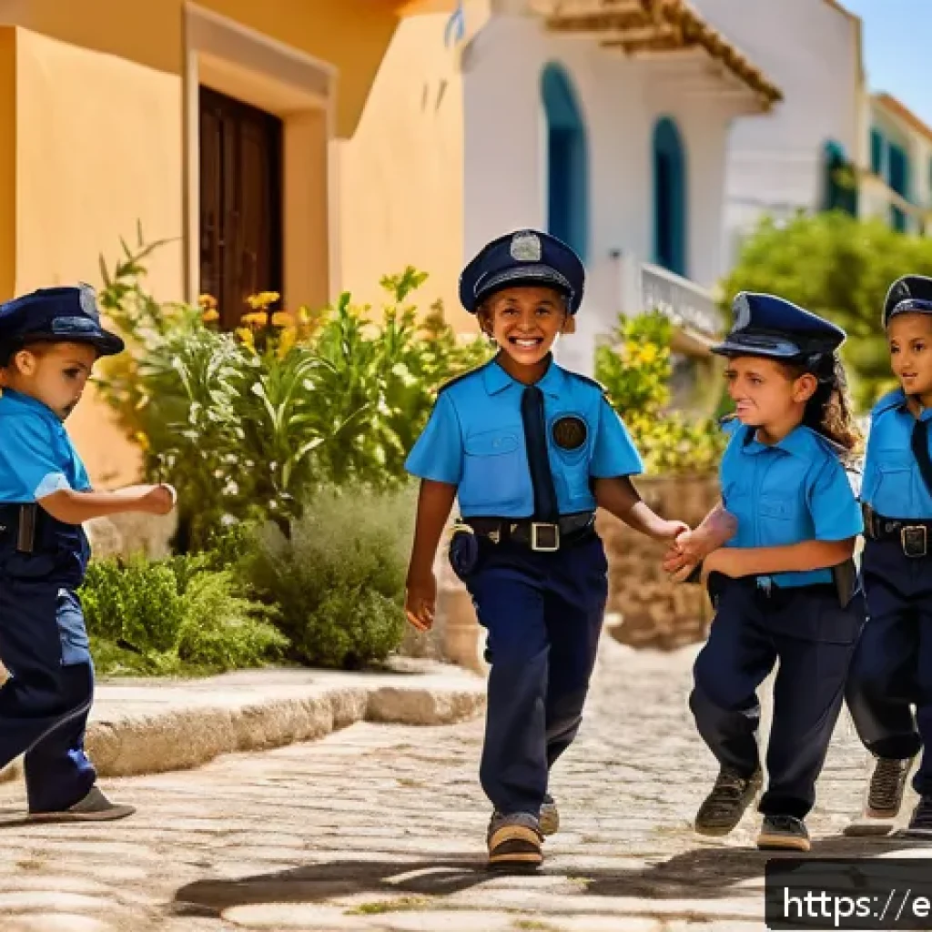 경찰관 놀이 체험장 같은 완구 - A group of young children playing police role-play outdoors in a sunny Spanish neighborhood park. Th...