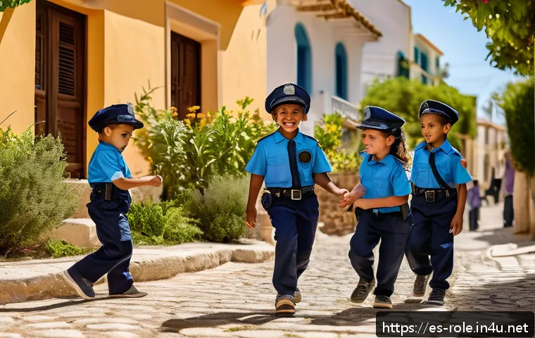 경찰관 놀이 체험장 같은 완구 - A group of young children playing police role-play outdoors in a sunny Spanish neighborhood park. Th...