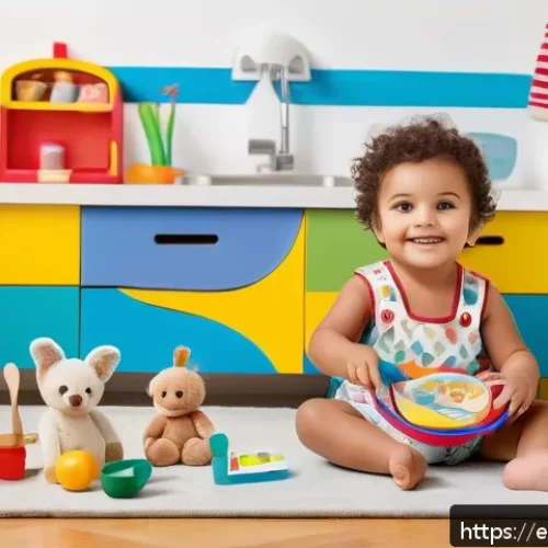 Home 32 역할완구 연령별 추천 - A lively and colorful playroom scene featuring a toddler aged 2-4 years, wearing a diaper and simple...