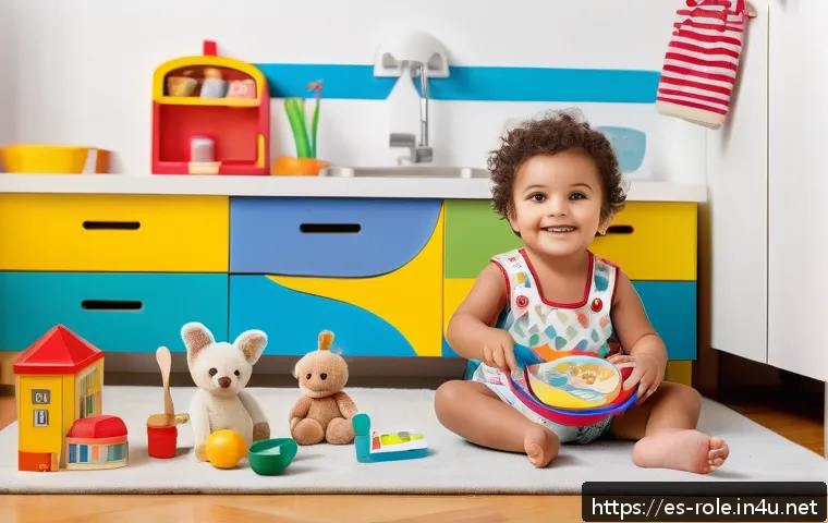 역할완구 연령별 추천 - A lively and colorful playroom scene featuring a toddler aged 2-4 years, wearing a diaper and simple...