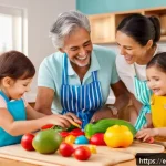 Home 23 요리사 놀이 셰프놀이 대형 세트 - A joyful multi-generational Spanish family playing a colorful wooden toy kitchen set in a bright, co...