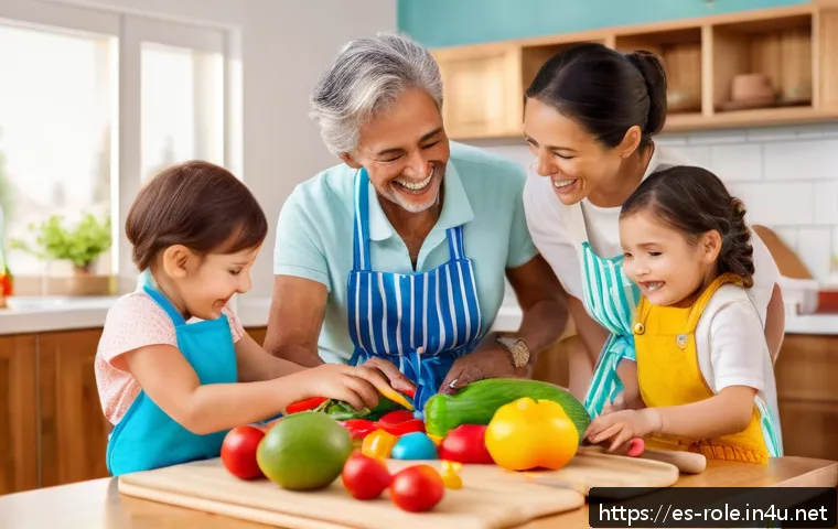 요리사 놀이 셰프놀이 대형 세트 - A joyful multi-generational Spanish family playing a colorful wooden toy kitchen set in a bright, co...
