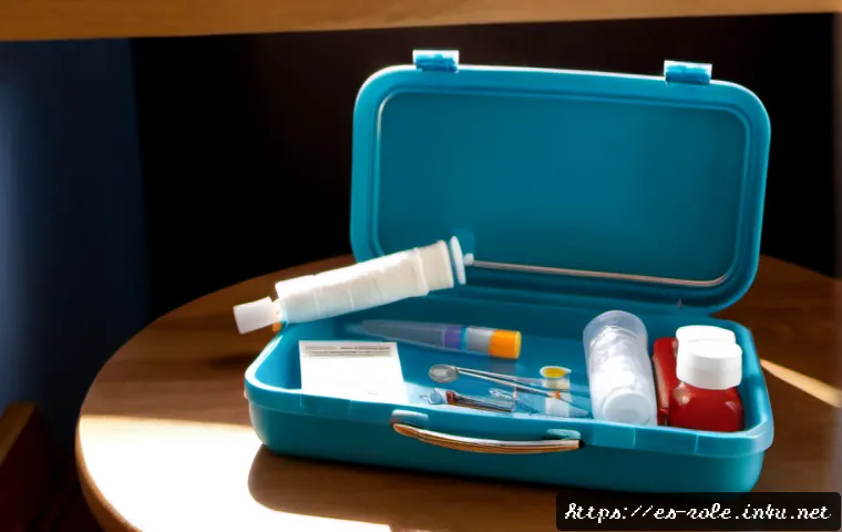 병원놀이 주사기 포함 제품 - Photorealistic children’s doctor play set arranged neatly on a sunlit wooden table in a bright Spani...