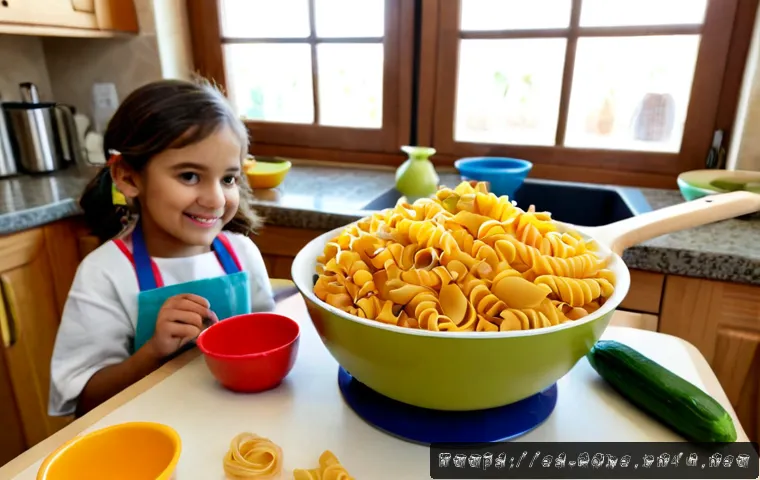 Home 17 요리사 놀이 파스타 만들기 세트 - Photorealistic children’s pasta-making play set arranged neatly on a sunlit kitchen table, colorful ...
